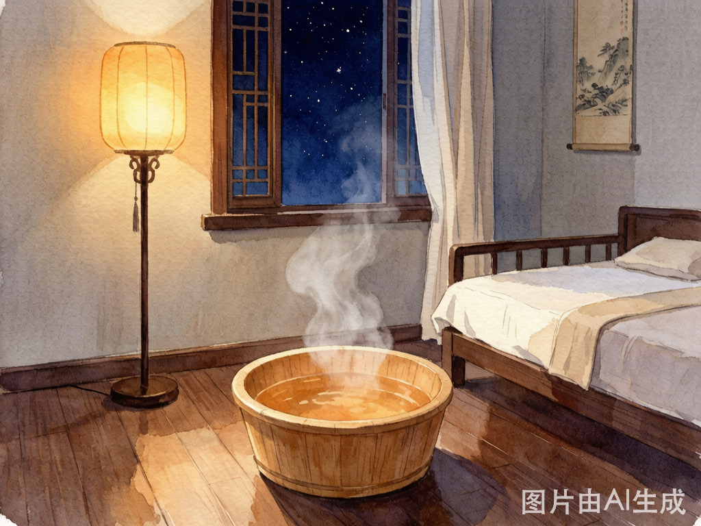 中医失眠配图：水彩风格，窗边安静泡脚场景，温暖柔和的灯光，宁静安神氛围