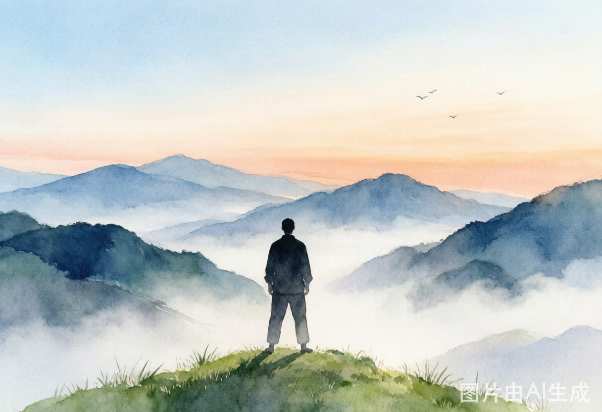 中医肺结节科普封面：水彩风格，晨雾山林中远眺的宁静人影，淡蓝和暖橙色调，安宁沉静氛围
