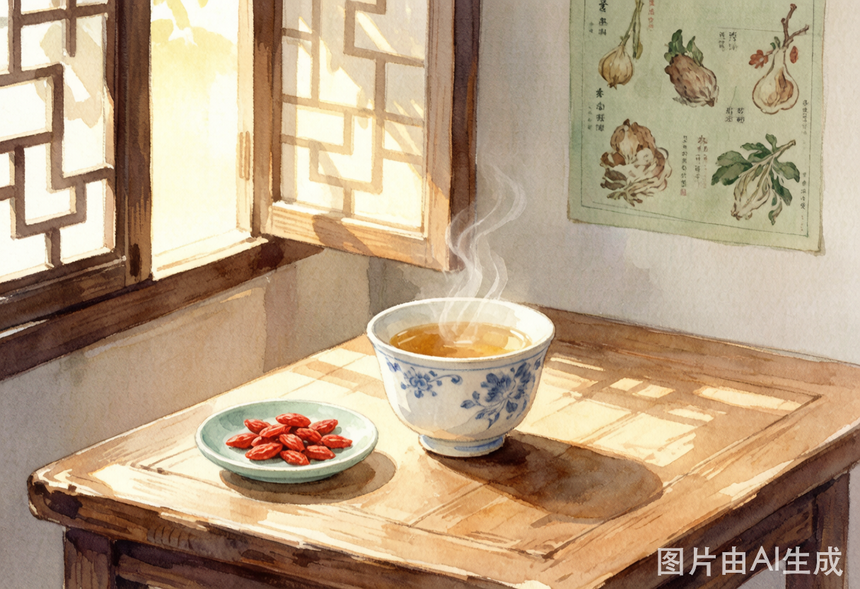 中医肺养护配图：水彩风格，晨光中做深呼吸的远山人景剪影，淡蓝绿色调，宁静舒展