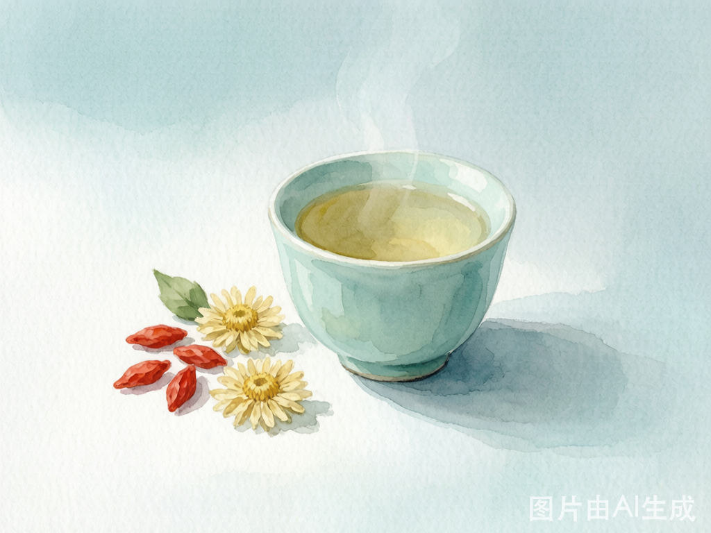 青瓷茶盏盛着清淡茶饮，搭配枸杞菊花，水彩风格，夏日清凉感