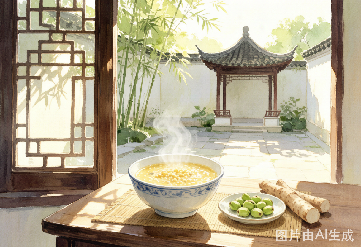 大暑中伏中医养生庭院氛围图，水彩风格，木桌上有小米粥、莲子和山药，晨光从花窗透入，宁静治愈
