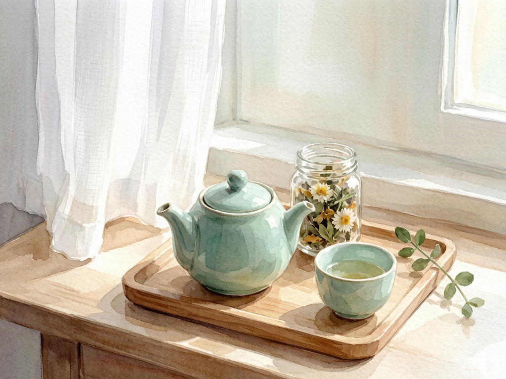 宁静养胃茶饮场景，水彩风格