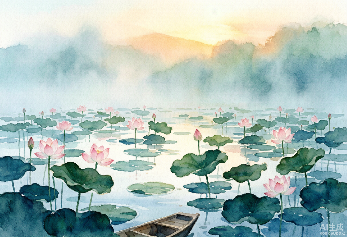 夏日荷塘晨雾水彩画，淡雅的蓝绿色调中透着温暖晨光，氛围宁静安详