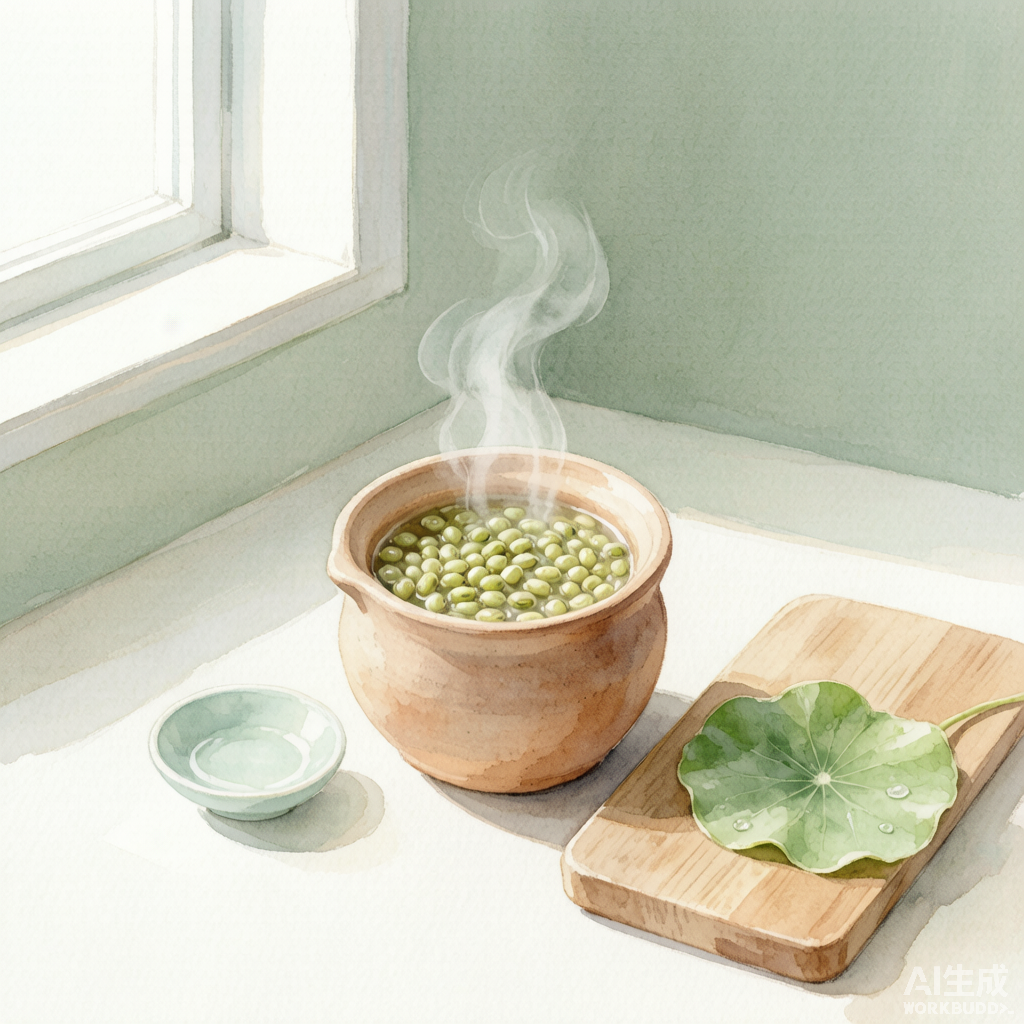 砂锅中小火慢熬的绿豆汤，淡淡蒸汽升起，传递家常与温润