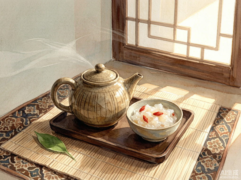 竹席上放着传统陶瓷茶壶和一碗银耳枸杞甜汤,柔和午后阳光透过纸屏洒入,安静宁和的水彩画风