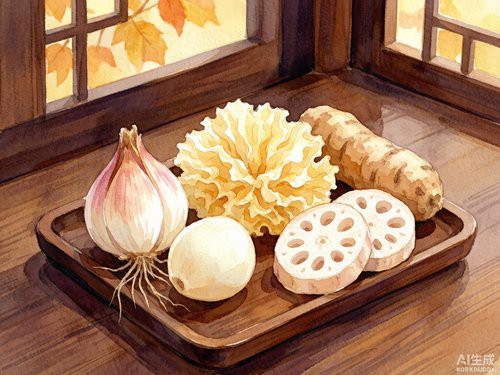 立秋时节中医养生水彩画，秋季润肺食材与中药氛围
