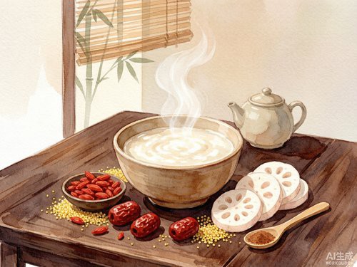一碗温热的中式养生粥，搭配枸杞红枣和古朴茶具