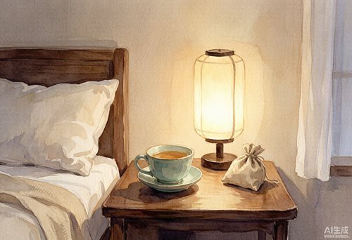 水彩风格中医养生夜场景象，桌上有茶杯与药包