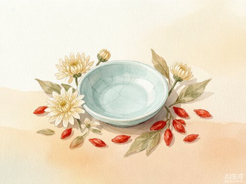 中医养生与甲状腺调理主题水彩画
